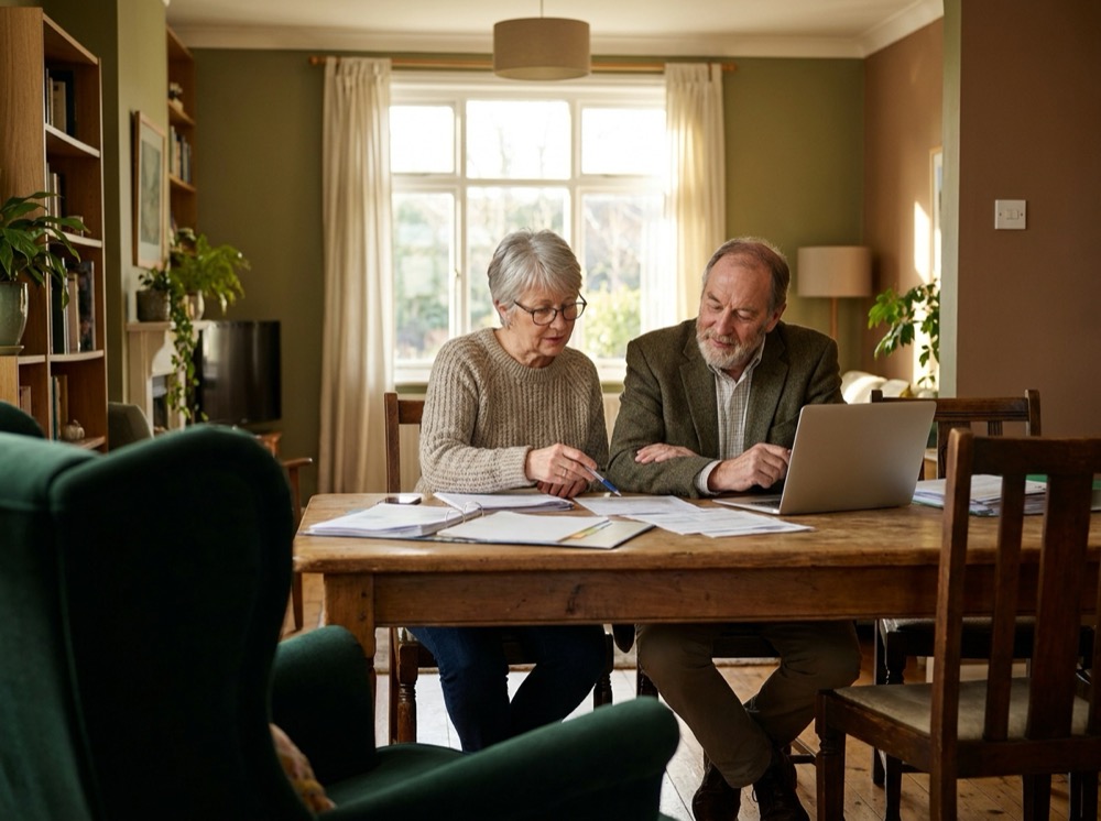 An older UK couple reviewing financial documents at home