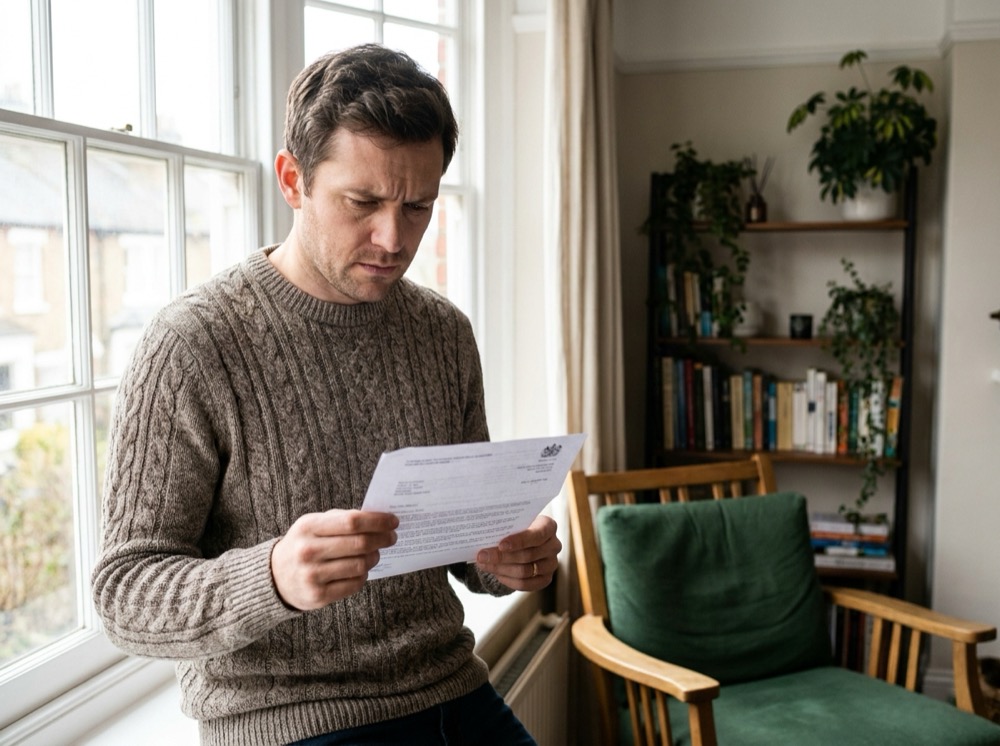 A concerned UK homeowner reading a mortgage decision letter at home