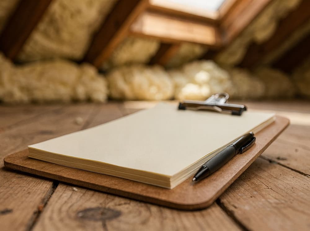 A blank clipboard and pen on loft boards with spray foam insulation behind