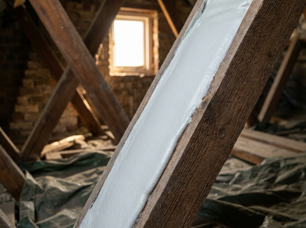 Close-up of dense closed-cell spray foam on roof rafters