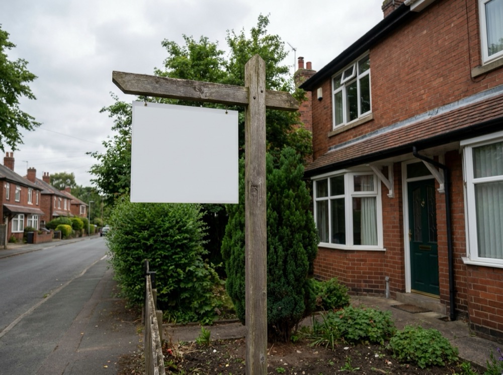 A For Sale board outside a UK semi-detached house