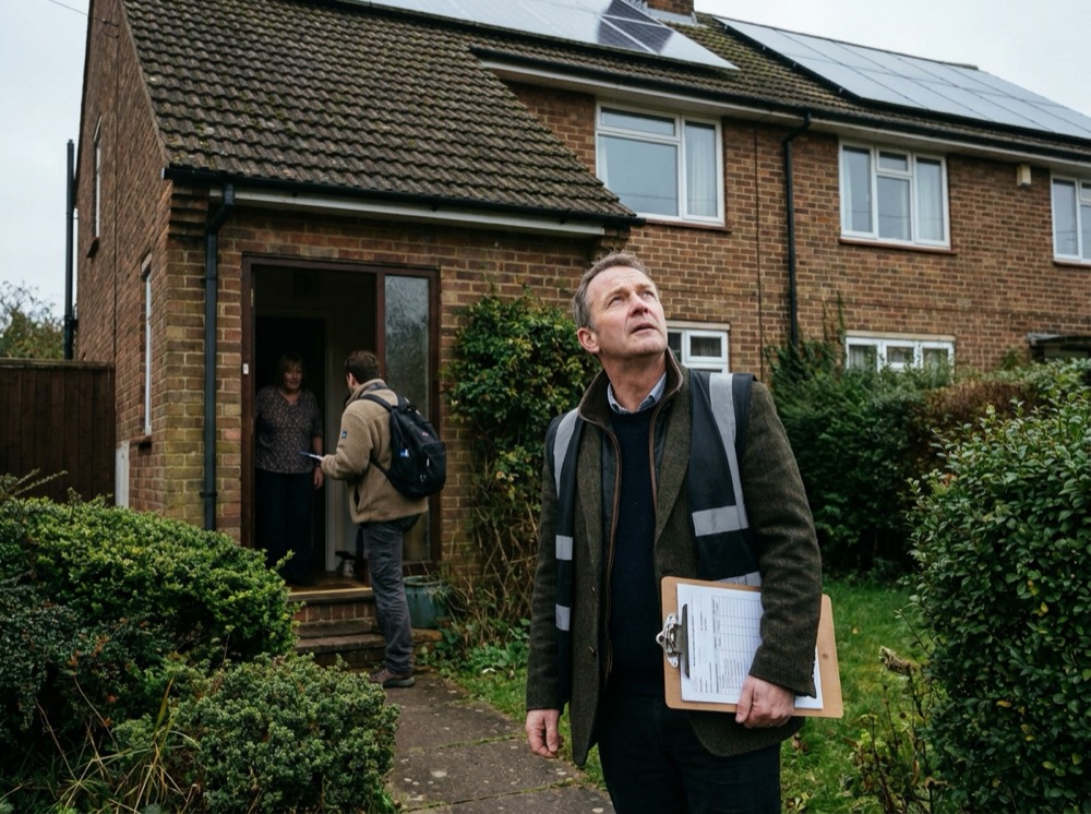 An energy assessor with a clipboard outside a UK home