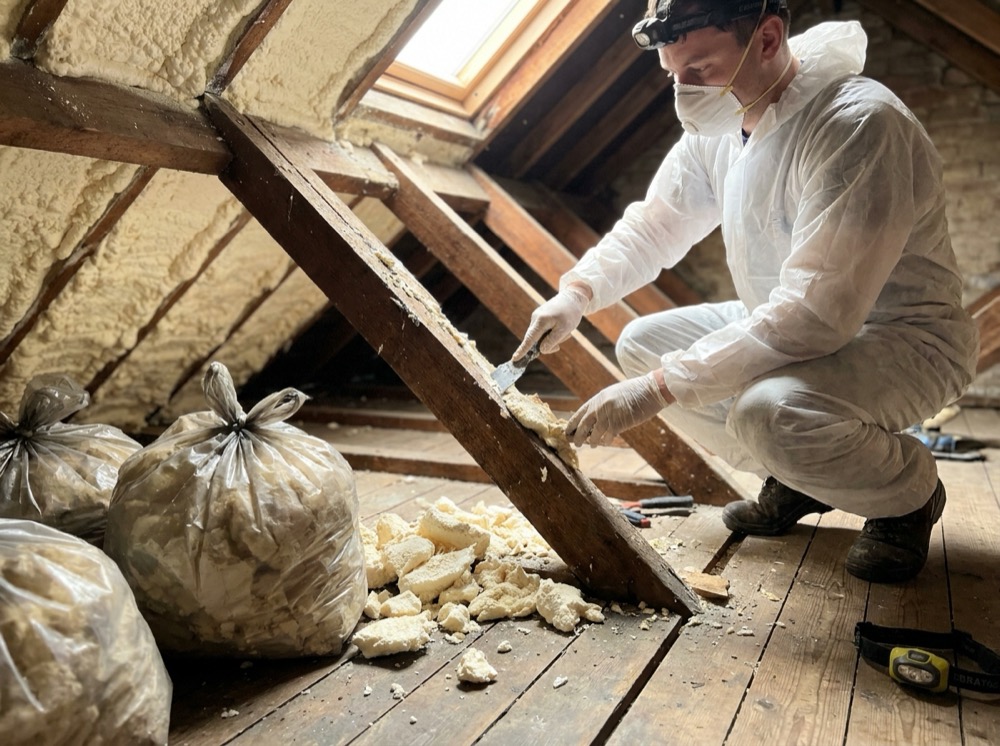 A specialist removing spray foam from roof rafters with bagged waste nearby