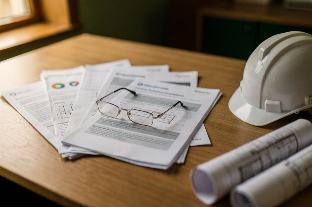 Professional guidance documents on a surveyor's desk