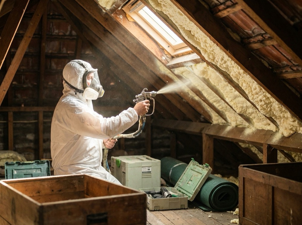 A technician applying spray foam insulation to a roof space with a spray gun