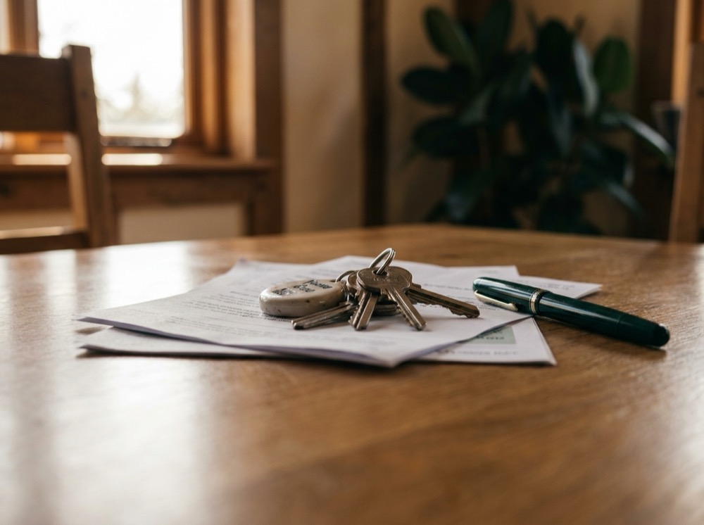 House keys resting on UK mortgage paperwork on a desk