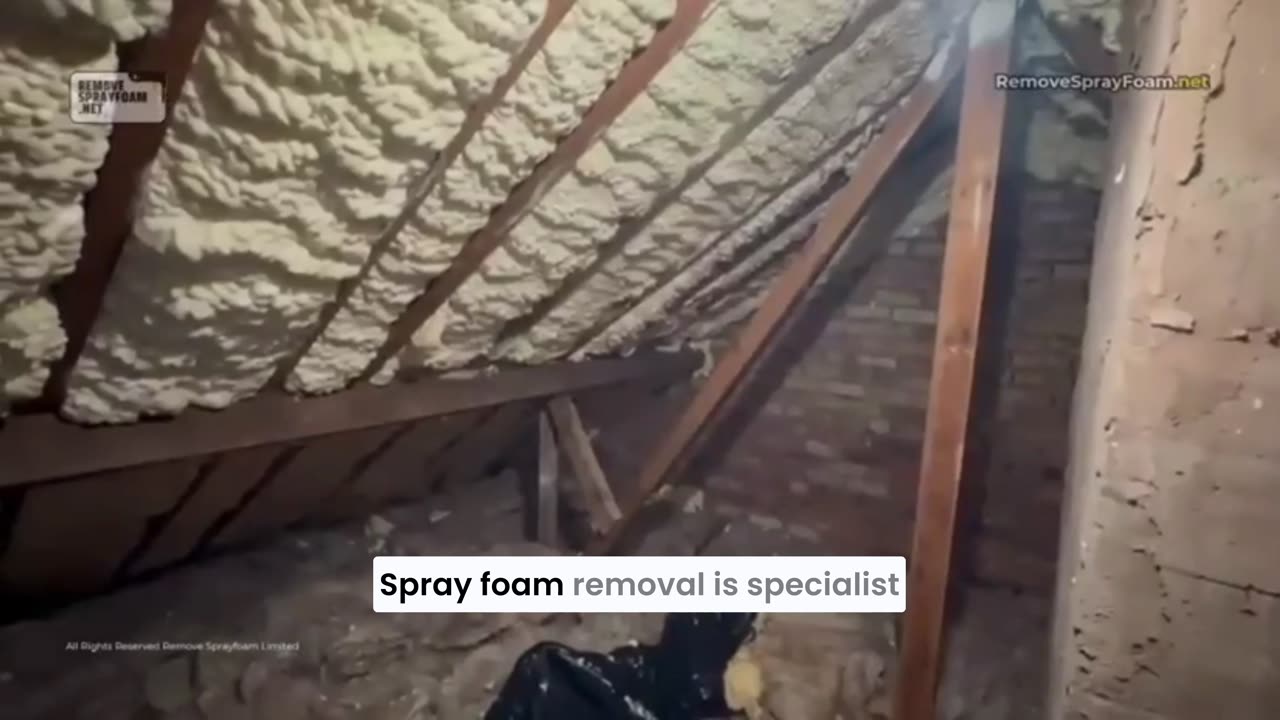 Inside a UK loft with spray foam insulation between the rafters, the opening frame of Remove Spray Foam's introduction video